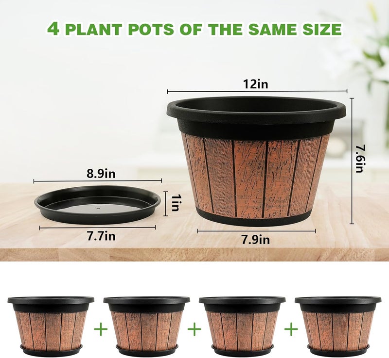 Quarut 4 Pack 12 inch Plant Pots,Whiskey Barrel Planters with Drainage Holes & Saucer,Plastic Decoration Flower Pots Retro Design,Planters for Outdoor Indoor Garden Home Plants (Brown) - Image 5